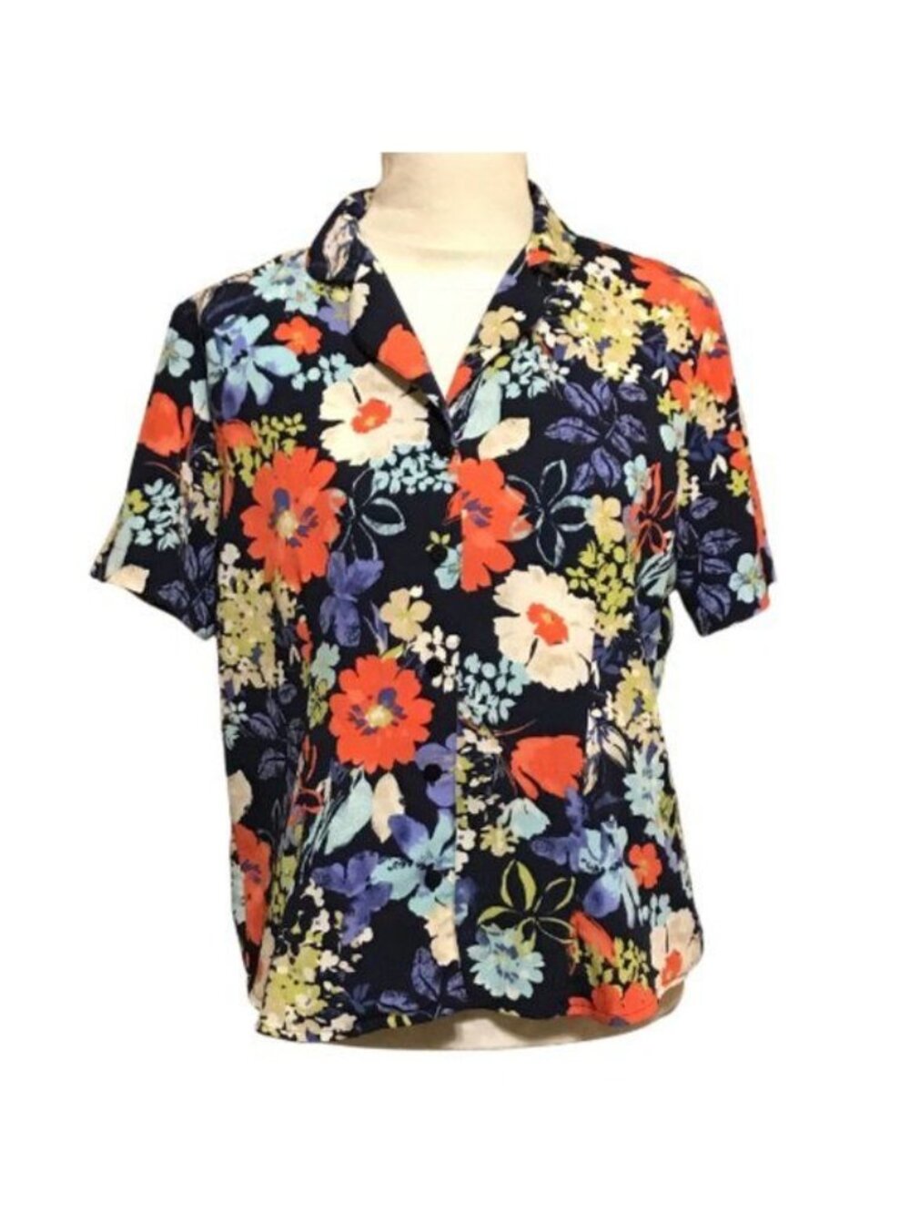 Alfred Dunner Women's Top Vibrant Floral Button Front Blue Orange Size 10